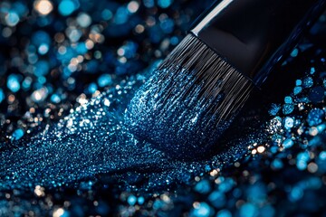 Blue Glitter Makeup Brush on Sparkling Background