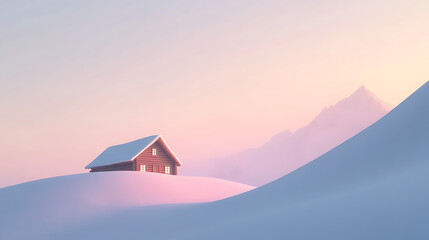 Majestic winter mountain landscape with a cozy wooden cabin on a gentle snowy slope, framed by soft winter lighting 
