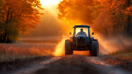 Tractor Driving on Dusty Road Through Autumn Forest at Sunset with Warm Golden Light
