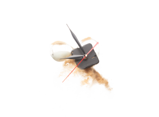 Close up of Sand Hourglass, clock hands arms and sand explosion over white background isolated. Sand through time hourglass waste fall down as time management concept