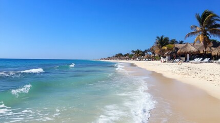 Obraz premium Tropical beach paradise: Turquoise water, white sand, and palm trees.