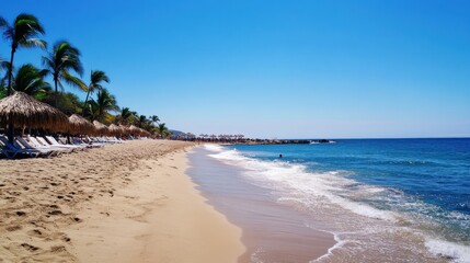 Tropical beach with thatched umbrellas