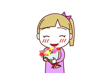 （上半身正面）花束を持ってニコニコ幸せそうな笑顔を見せる白人少女
