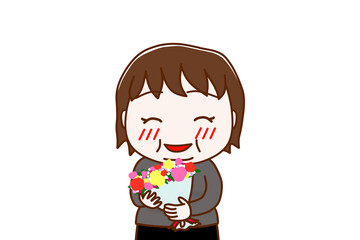 （上半身正面）花束を持ってニコニコ幸せそうな笑顔を見せる太った女性