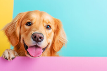 Cheerful Golden Retriever Dog with Happy Expression against Colorful Background
