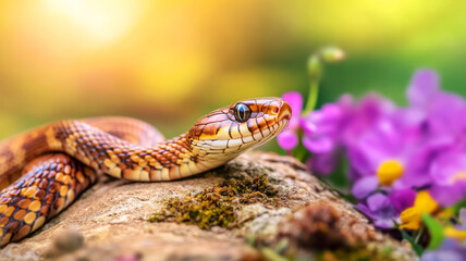 Obraz premium Colorful Snake Resting on Rock Surrounded by Vibrant Wildflowers in Natural Habitat