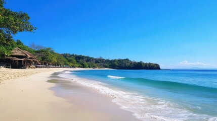 Obraz premium Tropical beach paradise with thatched huts.