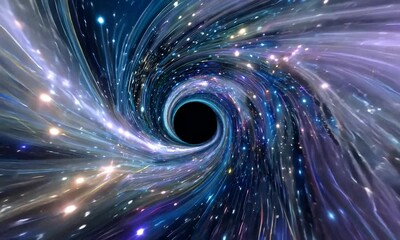 A vibrant depiction of a black hole in a cosmic landscape.