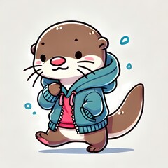 Naklejka premium Cute Otter Walking With Hoodie Jacket Cartoon Vector Icon Illustration