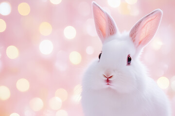 Obraz premium A fluffy white rabbit gazes at the viewer, its ears perked against a soft-lit, dreamy pink background
