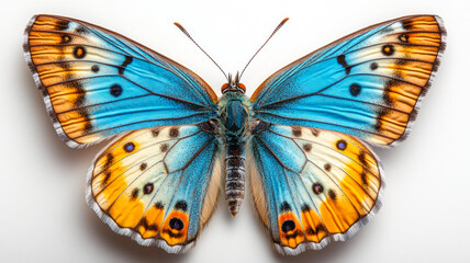 Obraz premium Vibrant Blue Butterfly with Bright Orange Spots on White Background