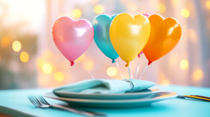 Colorful Heart Balloons Decorate a Festive Table Setting for a Joyful Celebration