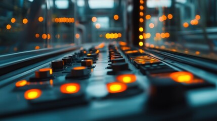 An image capturing the glow of LED indicators on a tracking console with reflections of machinery in the background evoking a sense of hightech efficiency.