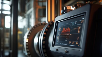 Obraz premium A closeup of an electric motor with monitoring devices affixed showcasing a digital display outlining upcoming maintenance tasks predicted by historical data trends.