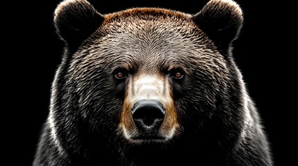 Intense front-view portrait of a Kamchatka brown bear, black and white, isolated on a black background, sharp focus on piercing gaze