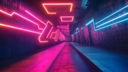 An abstract modern tunnel with bright glowing neon lights