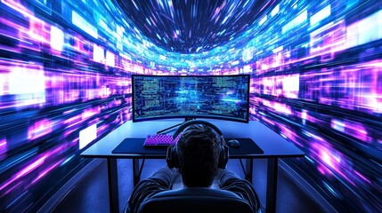 Obraz premium High-tech gamer setup in a cyber-inspired room, large monitor, LED-lit keyboard, neon walls, and an intense gaming atmosphere