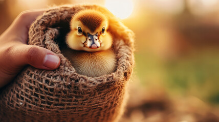 Obraz premium Cute Duckling Wrapped in Burlap Bag at Sunset with Warm Glowing Light in Nature Setting