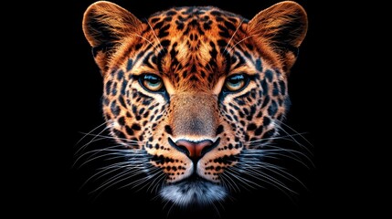 Obraz premium Intense close-up of a leopard's face, vibrant fur texture with deep shadows, black background, digital art style emphasizing danger and elegance