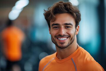 Fototapeta premium Young smiling gym trainer, blurred gym background