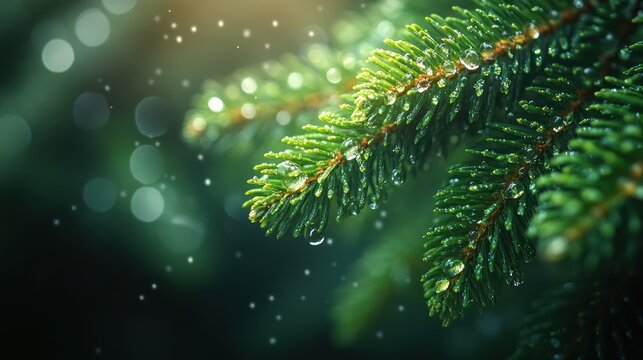 Dew-covered pine branch, bokeh background.