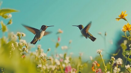 Fototapeta premium Two hummingbirds in flight over colorful wildflowers.