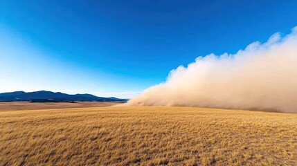 Dust cloud rolling over a golden field under a clear blue sky.