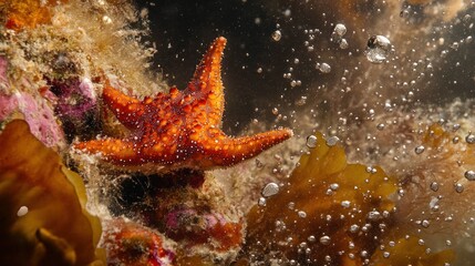 Orange starfish among seaweed and bubbles.
