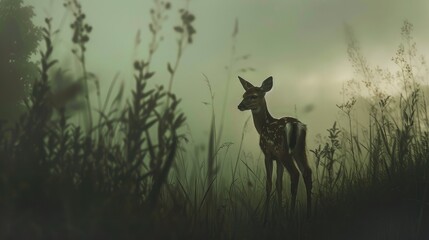 Naklejka premium A baby fawn stands in a field of grass, light fog.