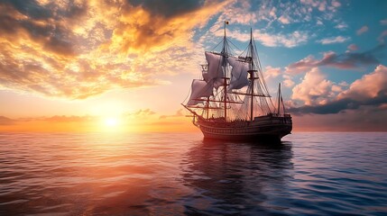 Vintage sailing ship at sunset. Concept of adventure, exploration, and maritime history.