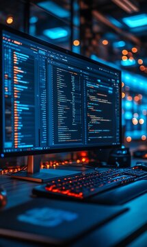 Computer screen displaying code in dark room with illuminated keyboard.