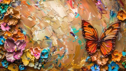 abstract rough brown butterfly and border colorful multicolored organic floral spring flowers, art painting texture, with oil acrylic brushstroke, pallet knife paint on canvas wallpaper, vertical