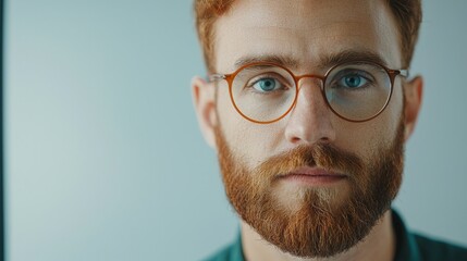 Fototapeta premium Business goal setting and strategic planning. A close-up portrait of a man with glasses and a red beard, showcasing thoughtfu.