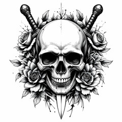 3D digital illustration art of Skull two Dagger Tattoo logo design, roses,  danger, scary and horror, t-shirt, print, stickers, vintage, black and white, Ai generated , Isolated on white background 