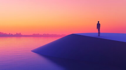 Fototapeta premium Solitary Figure Contemplates Sunset Over Cityscape