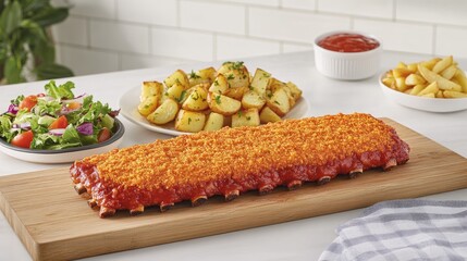 Delicious Barbecue Ribs with Sides of Potatoes, Salad and Fries