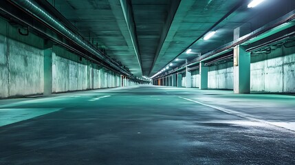 Empty Underground Parking Garage. Concept of urban infrastructure, parking, and modern architecture.