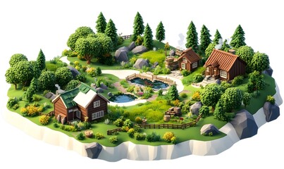 Isometric view of houses near pond, surrounded by trees on island.