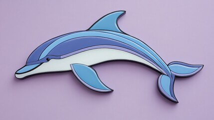 Blue and white layered dolphin art on purple background.
