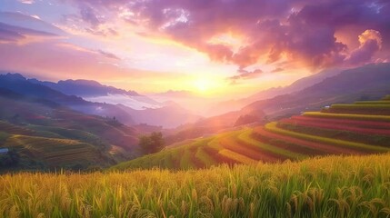 Harvest season in Mu Cang Chai rice terraces, northern Vietnam, South East Asia under the sunset