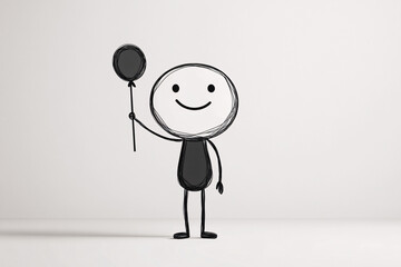 A smiling stick figure holding a balloon drawn in simple style on a light background
