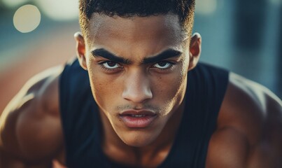 Determined male athlete focused before a race.