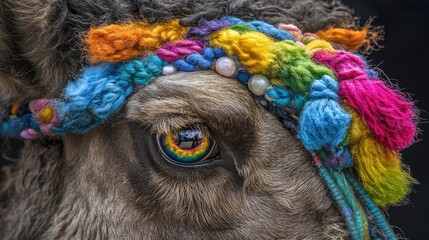 Obraz premium Colorful Textile Adornment on Brown Animal Eye Close-Up
