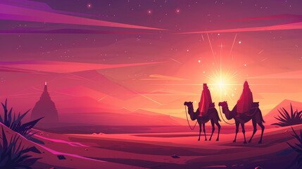 Fototapeta premium Three wise men on camels on the desert towards the shining star of Bethlehem. Concept of Epiphany, birth of Jesus.