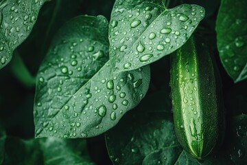 Fresh Cucumber on Lush Green Leaves
