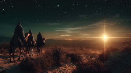 Fototapeta premium Wise men on camels on the desert towards the shining star of Bethlehem. Concept of Epiphany, birth of Jesus.