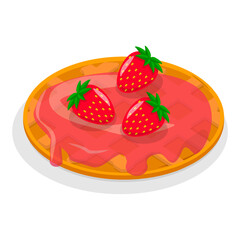 3D Isometric Flat Vector Illustration of Homemade Pastry, Assorted Belgian Waffles with Fresh Berries, Cream, and Icecream. Item 8