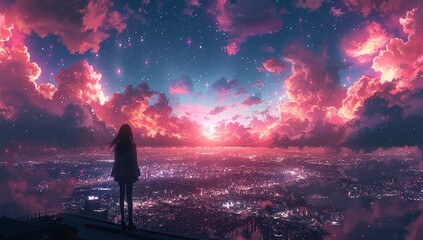 Obraz premium A young woman gazes upon a breathtaking cityscape bathed in the warm glow of a vibrant sunset, under a sky filled with pink clouds and twinkling stars. A tranquil and dreamy scene.
