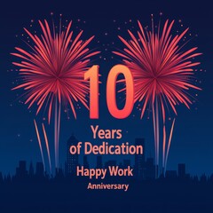 Happy work anniversary in the office. A festive graphic celebrating 10 years of dedication with fireworks and a message of happy work anniversary.