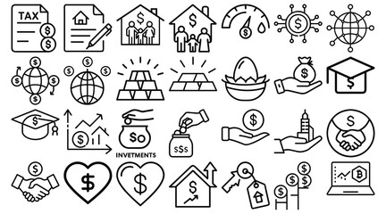 Fototapeta premium Financial and Investment Icons Set: Money Management, Real Estate, Savings, Loans, Tax, Stocks, and Economic Growth Symbols